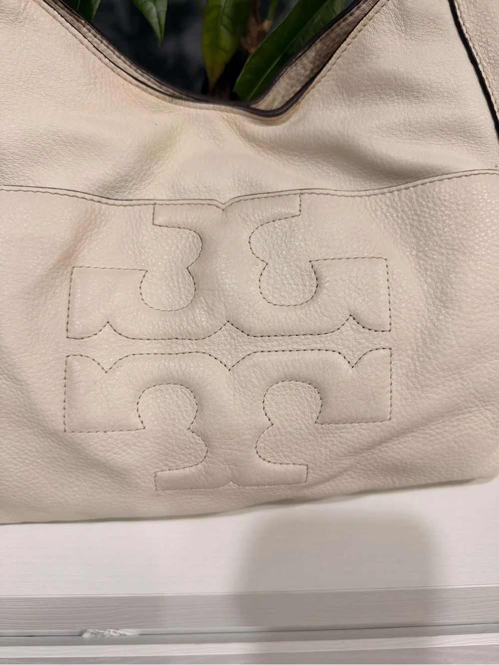 Tory Burch Ivory Pebbled Leather Logo Tote